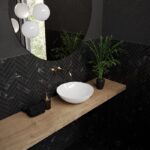 Zu sehen ist das Waschbecken Kaldewei Avellino in Weiß in einem schwarz minimalistischen Badezimmer.