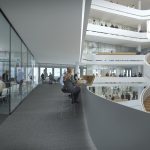 Der vom renommierten Kopenhagener Architekturbüro 3XN geplante Schüco Neubau verfolgt den Anspruch einer modernen kommunikationsfördernden Büroorganisation, die Raum für unterschiedliche Arbeitsformen und Möglichkeiten der spontanen Begegnungen bietet.